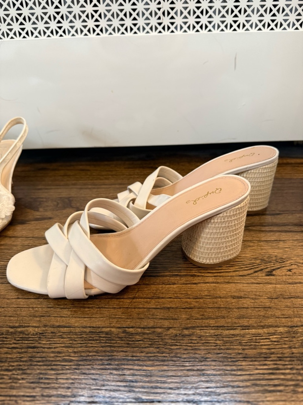 Qupid Cream Braided Strap Block Heel Mules